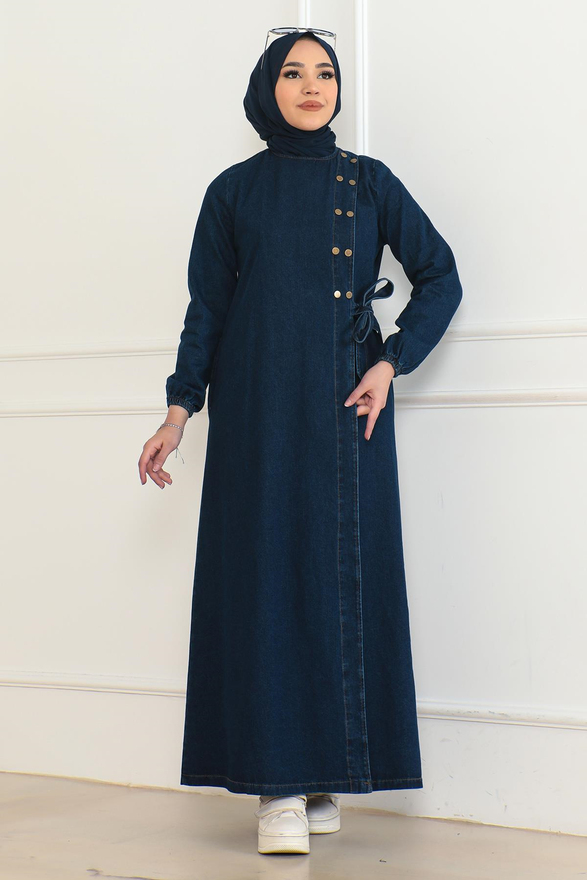 Düğmeli Yandan Bağlamalı Kot Ferace Koyu Mavi 19361