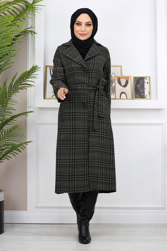 Ekoseli Şanel Kaşe Kaban Haki 19137