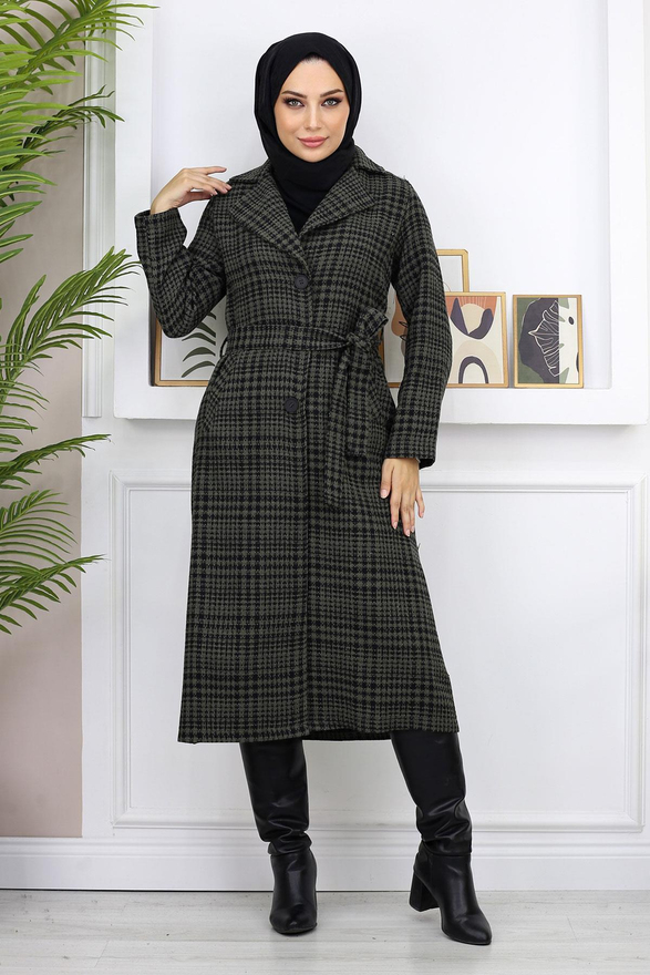 Ekoseli Şanel Kaşe Kaban Haki 19137