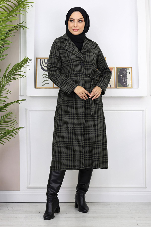 Ekoseli Şanel Kaşe Kaban Haki 19137