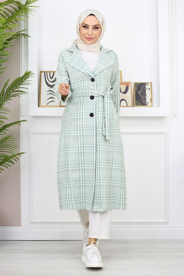 Ekoseli Şanel Kaşe Kaban Mint 19137