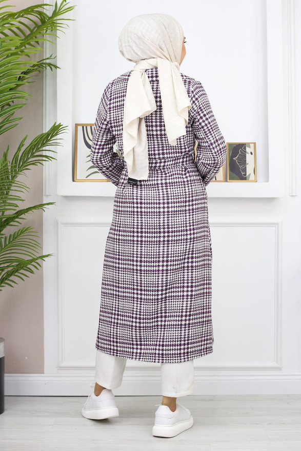 Ekoseli Şanel Kaşe Kaban Mürdüm 19137