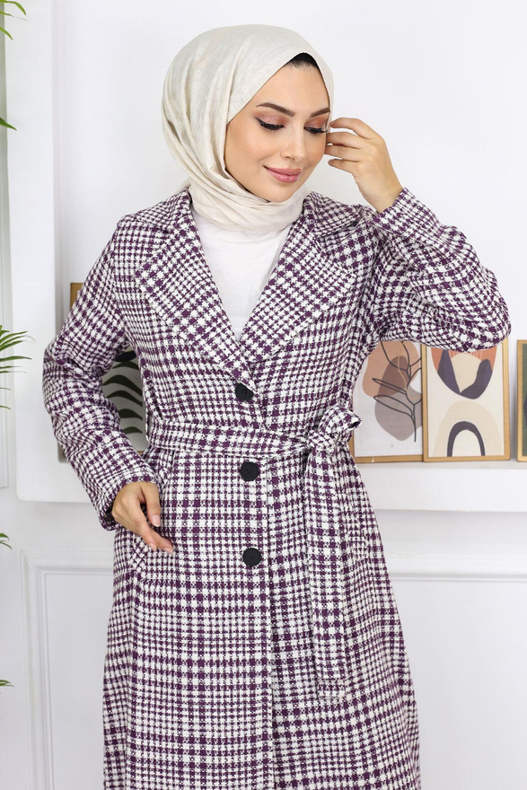 Ekoseli Şanel Kaşe Kaban Mürdüm 19137