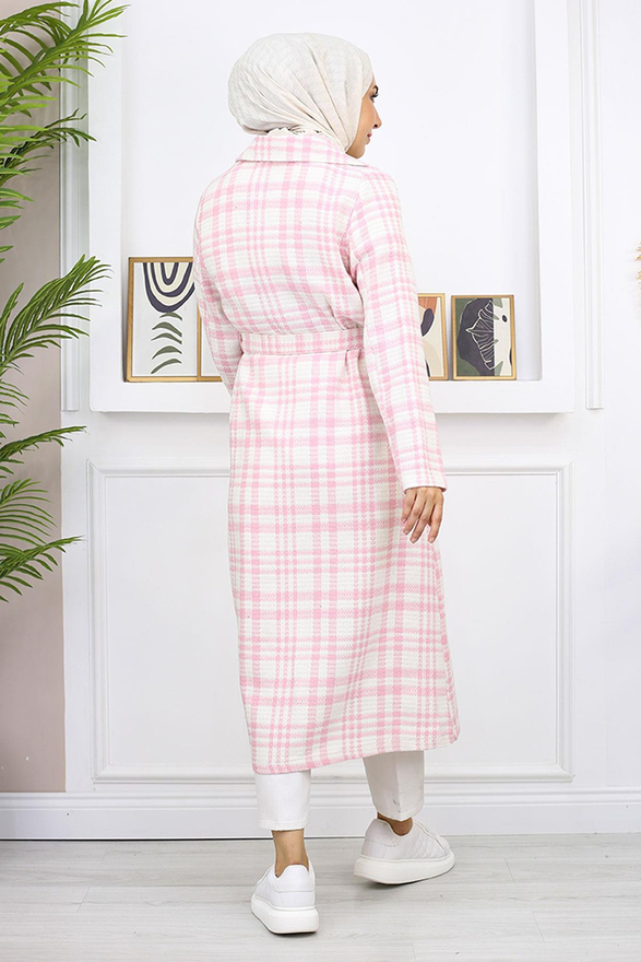 Ekoseli Şanel Kaşe Kaban Pembe 19137