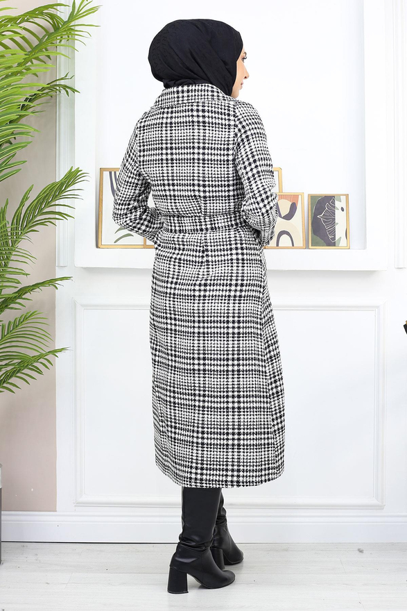 Ekoseli Şanel Kaşe Kaban Siyah 19137