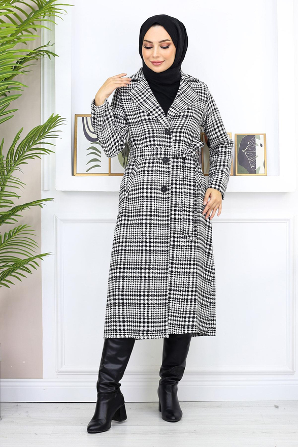 Ekoseli Şanel Kaşe Kaban Siyah 19137