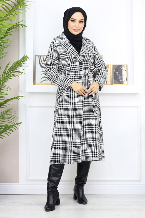 Ekoseli Şanel Kaşe Kaban Siyah 19137