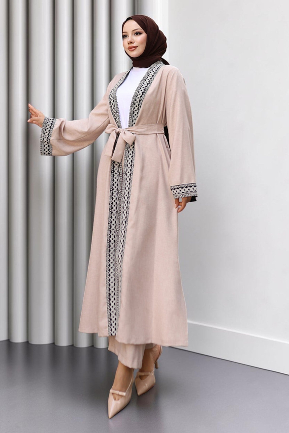 Etnik Desenli Kimono Takım Bej 19251