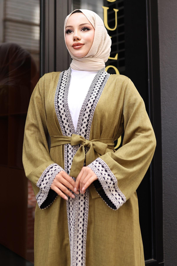 Etnik Desenli Kimono Takım Haki MSW19251-4