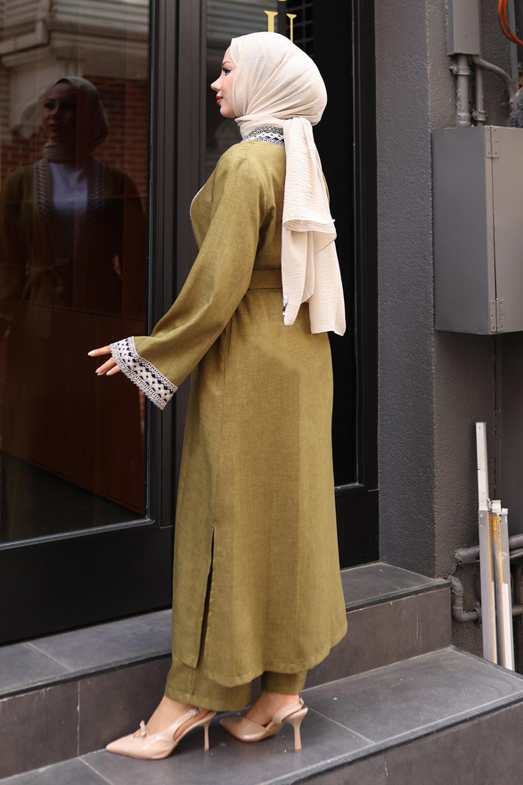 Etnik Desenli Kimono Takım Haki MSW19251-4