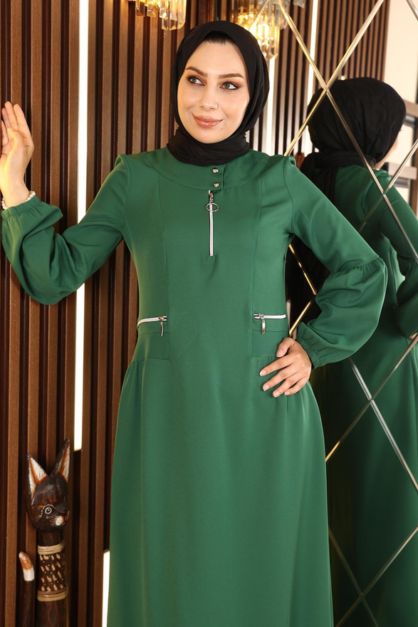 Fermuar Detaylı Elbise Zümrüt MSW10269