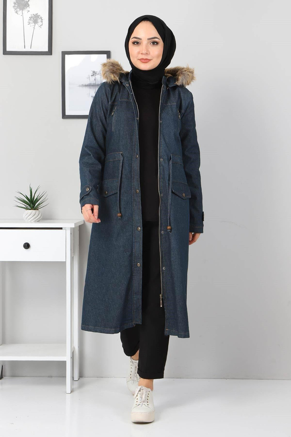 Fermuar Detaylı Kot Mont Petrol 9735