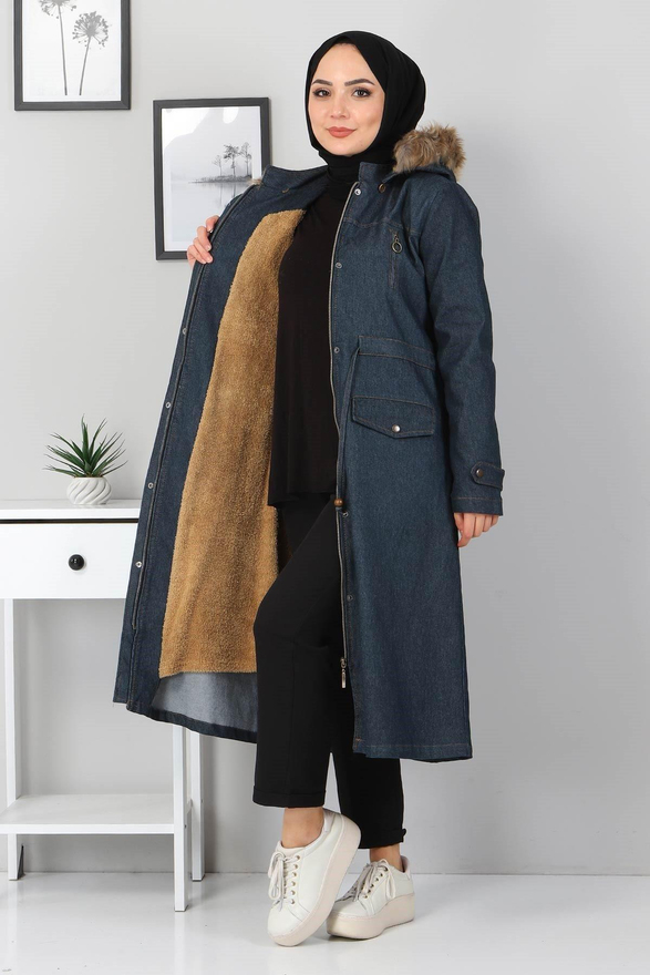 Fermuar Detaylı Kot Mont Petrol 9735