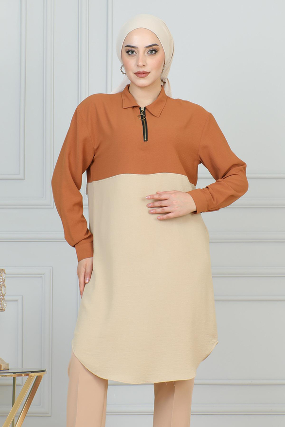 Fermuar Detaylı Tunik Krem 6098