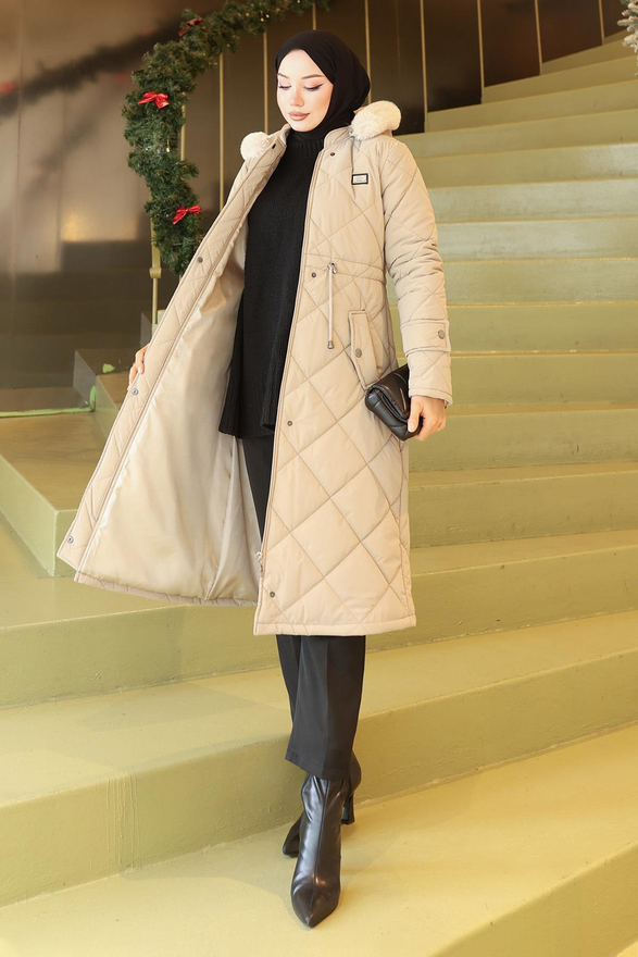 Fermuarlı Beli Bağcıklı Kapitone Mont Bej 19283