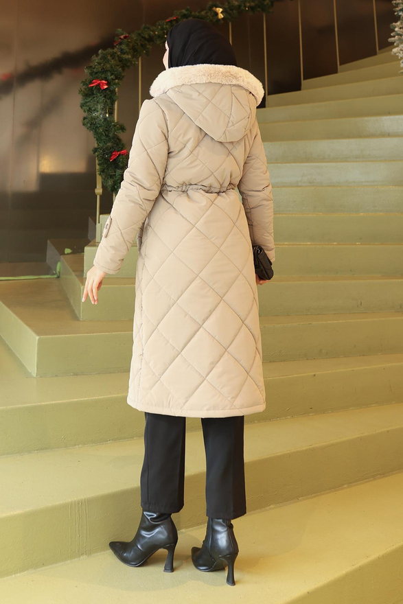 Fermuarlı Beli Bağcıklı Kapitone Mont Bej 19283