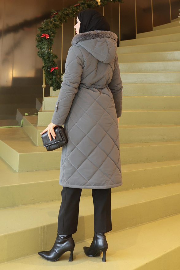 Fermuarlı Beli Bağcıklı Kapitone Mont Gri 19283