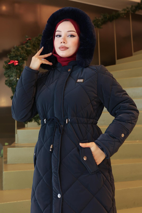 Fermuarlı Beli Bağcıklı Kapitone Mont Lacivert 19283