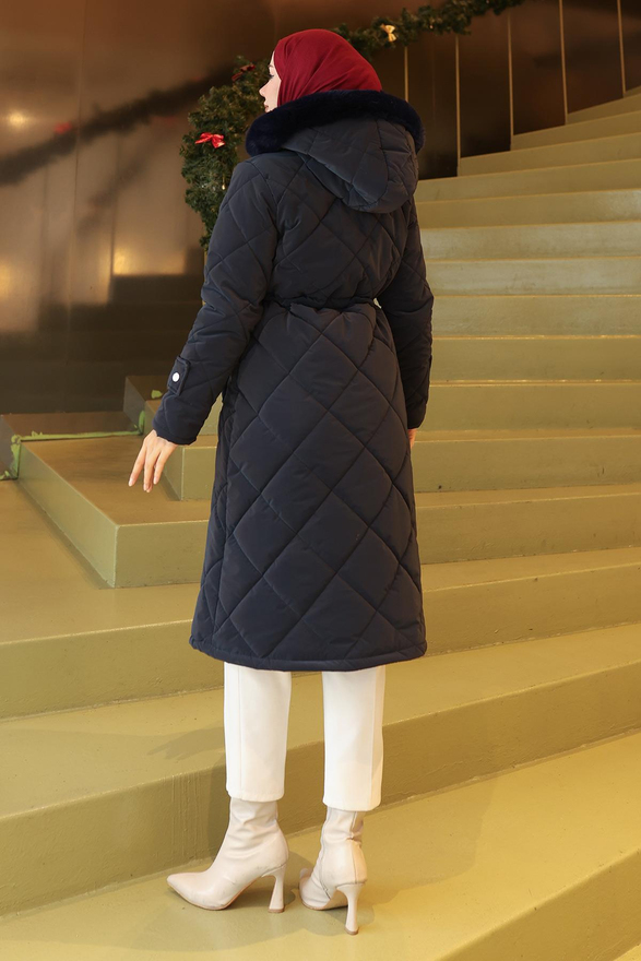 Fermuarlı Beli Bağcıklı Kapitone Mont Lacivert 19283