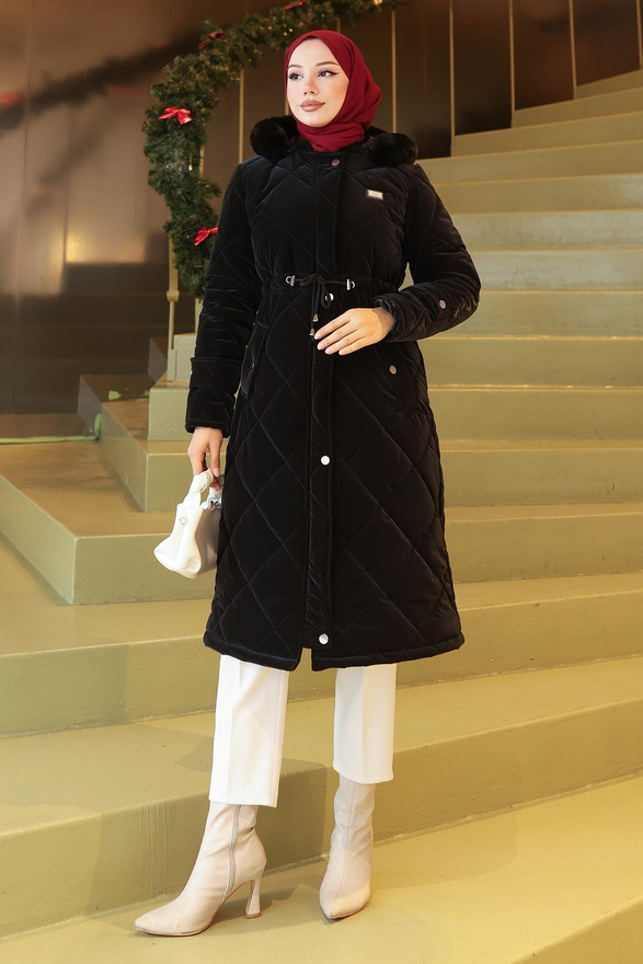 Fermuarlı Beli Bağcıklı Kapitone Mont Siyah 19283