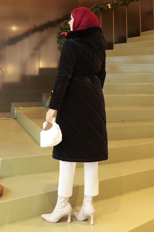 Fermuarlı Beli Bağcıklı Kapitone Mont Siyah 19283