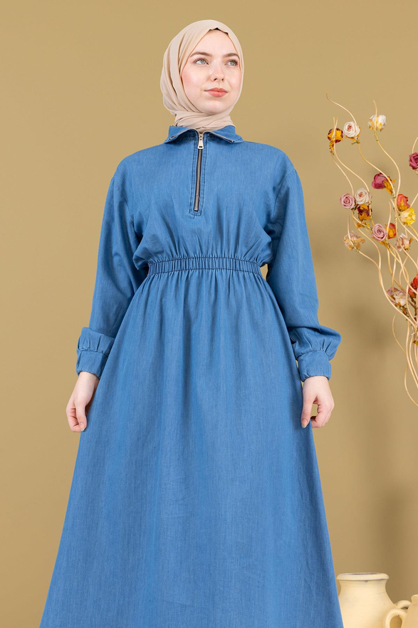 Fermuarlı Beli Lastikli Kot Elbise Açık Mavi MSW19240-1