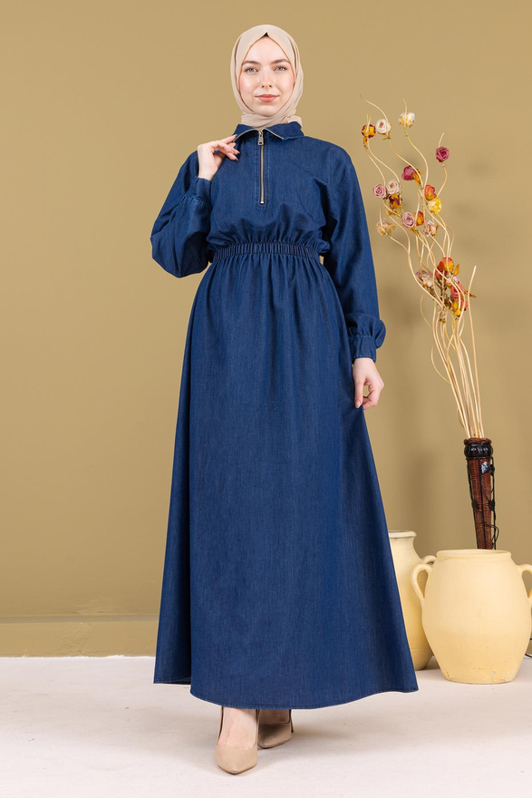 Fermuarlı Beli Lastikli Kot Elbise Koyu Mavi MSW19240-2