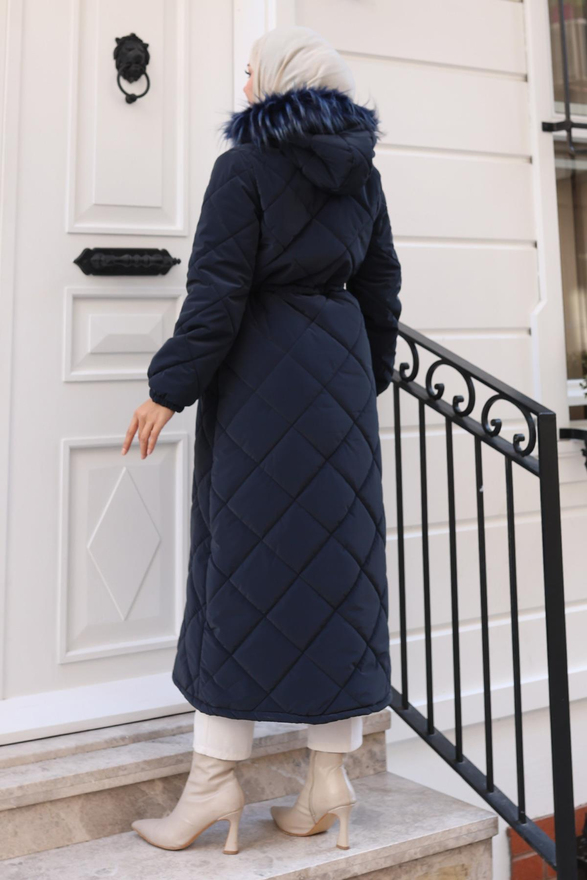 Fermuarlı Kapşonlu Kapitone Mont Lacivert 19277