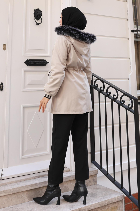 Fermuarlı Kapşonlu Mont Bej 19270