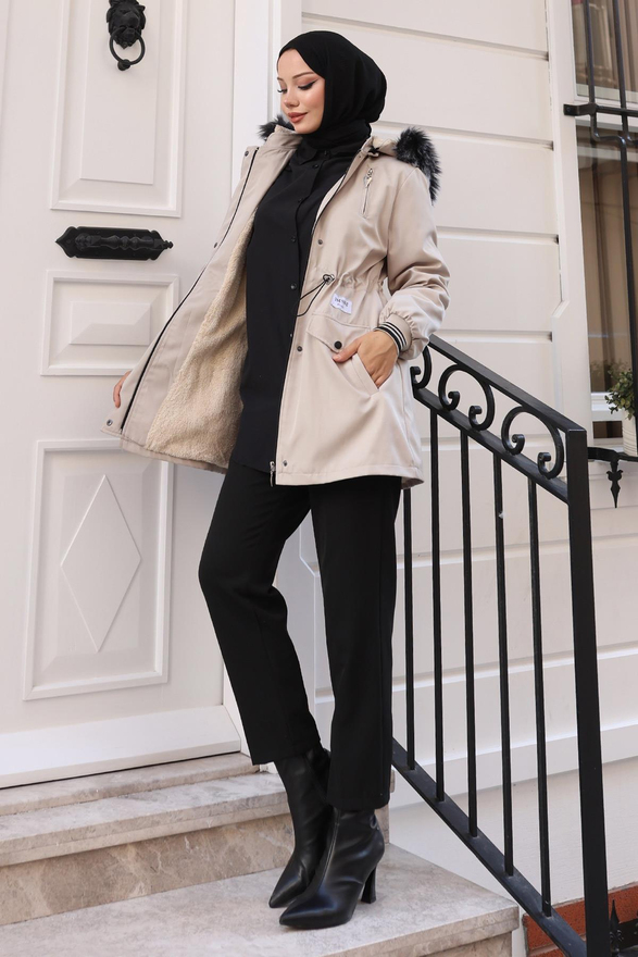 Fermuarlı Kapşonlu Mont Bej 19270