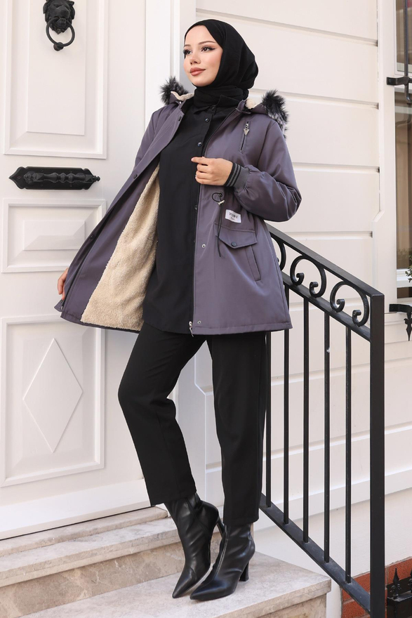 Fermuarlı Kapşonlu Mont Gri 19270