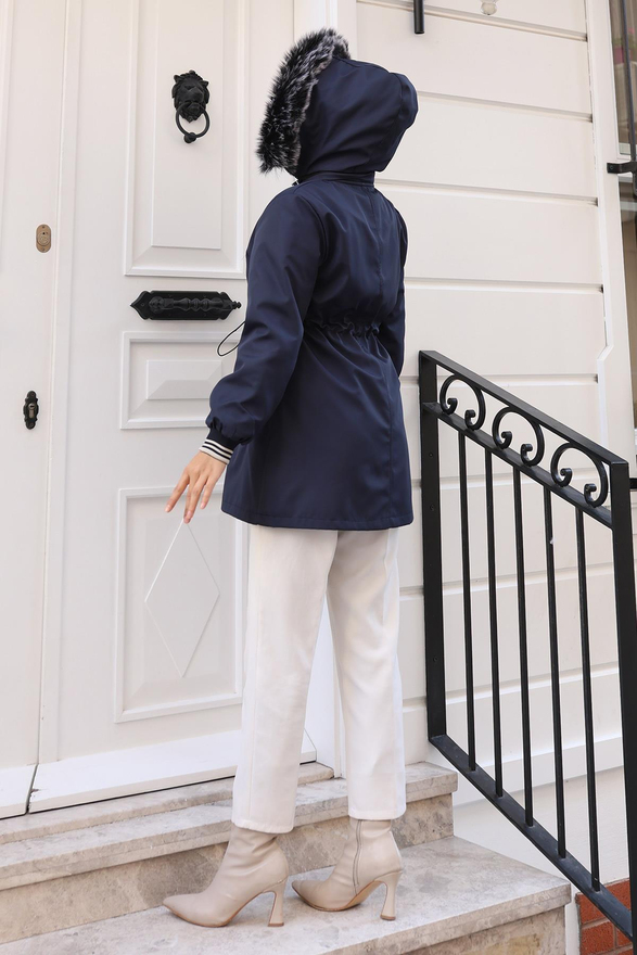 Fermuarlı Kapşonlu Mont Lacivert 19270