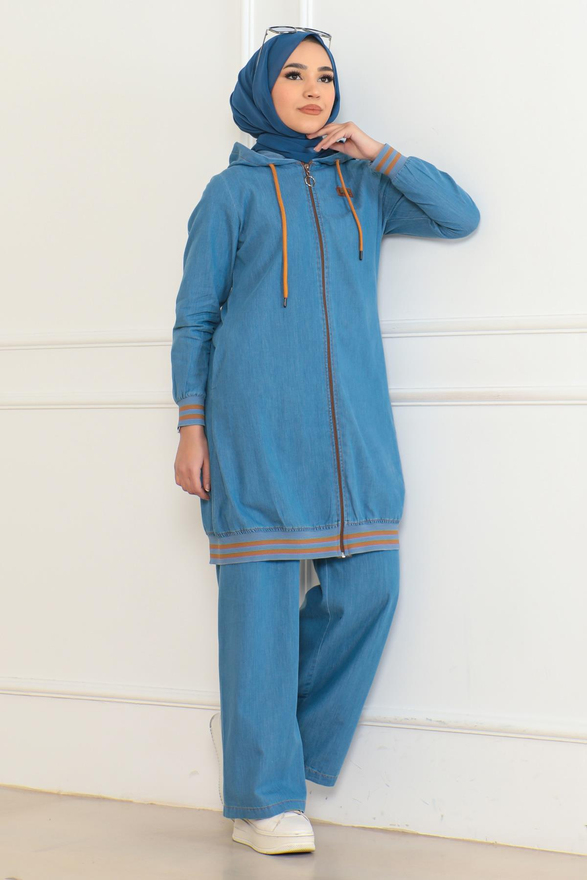 Fermuarlı Ribanalı Kot Takım Açık Mavi 19363