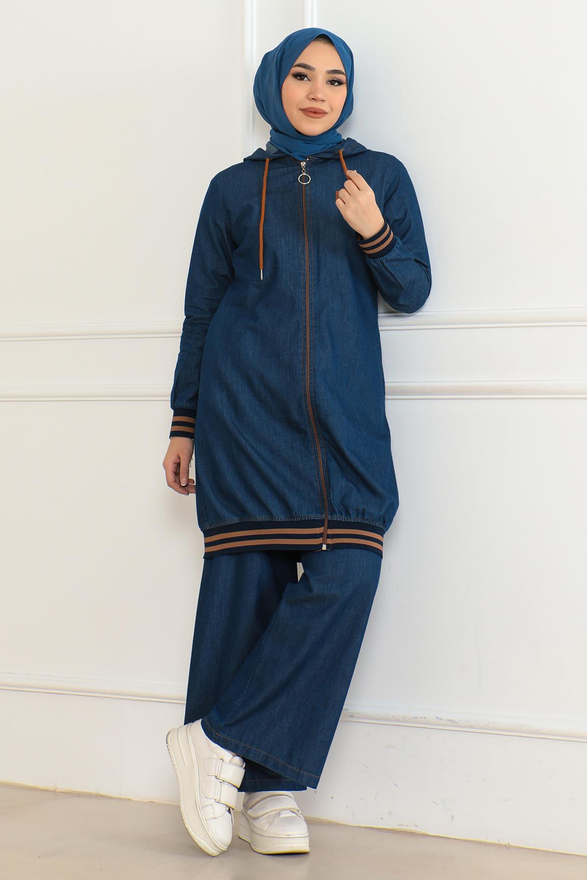 Fermuarlı Ribanalı Kot Takım Koyu Mavi 19363