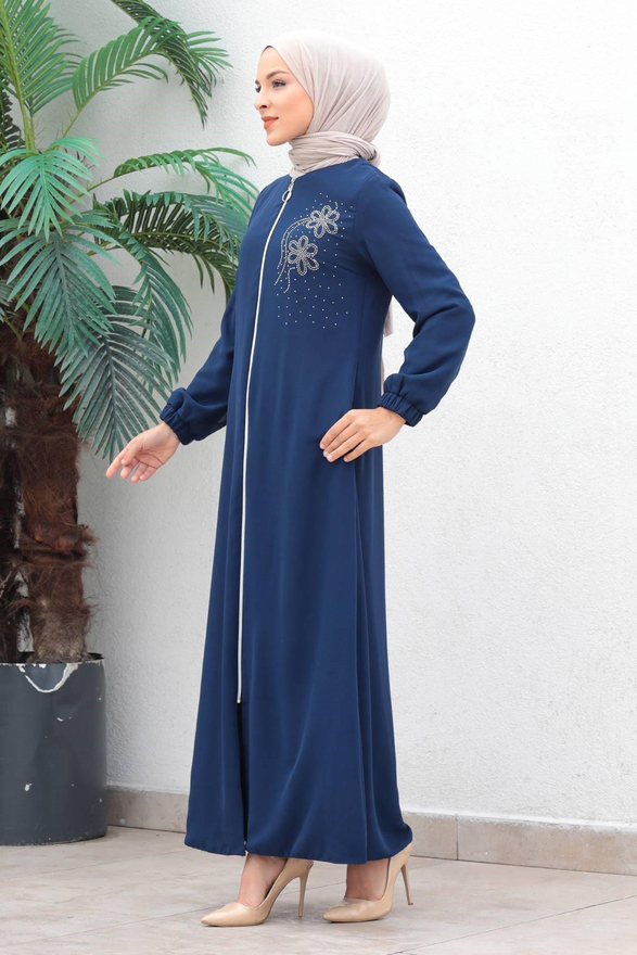 Fermuarlı Şifon Abiye Ferace İndigo 17300