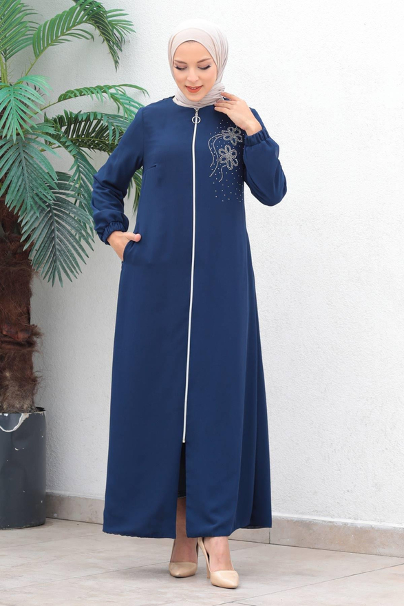 Fermuarlı Şifon Abiye Ferace İndigo 17300