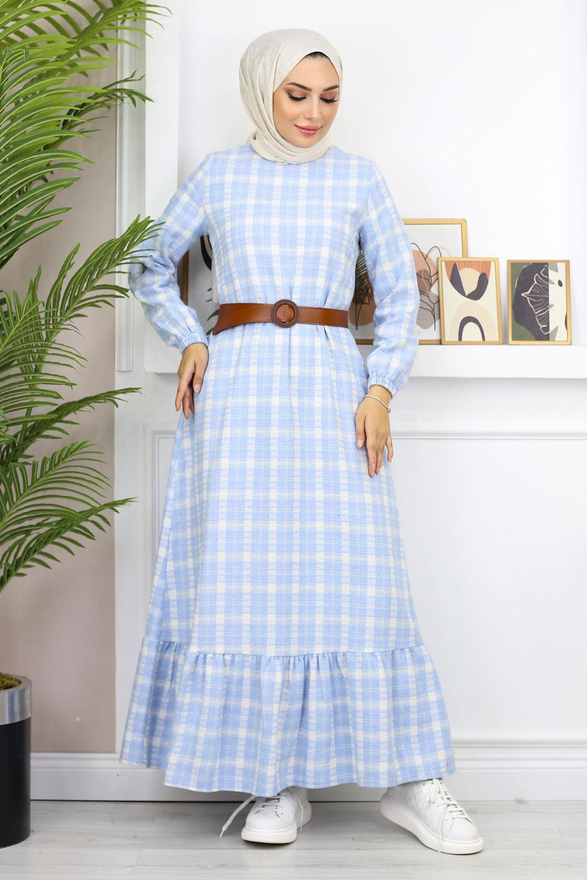 Fırfırlı Tesettür Elbise Mavi 19165