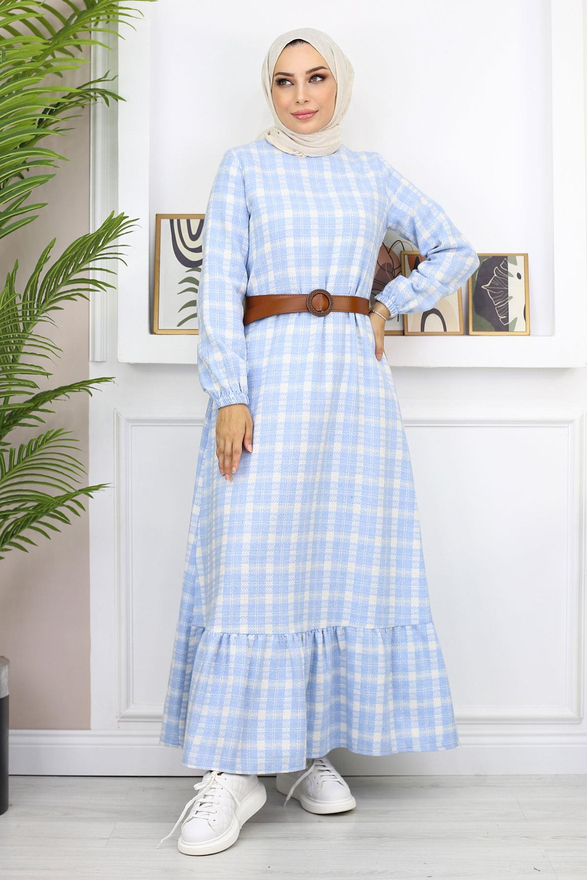 Fırfırlı Tesettür Elbise Mavi 19165