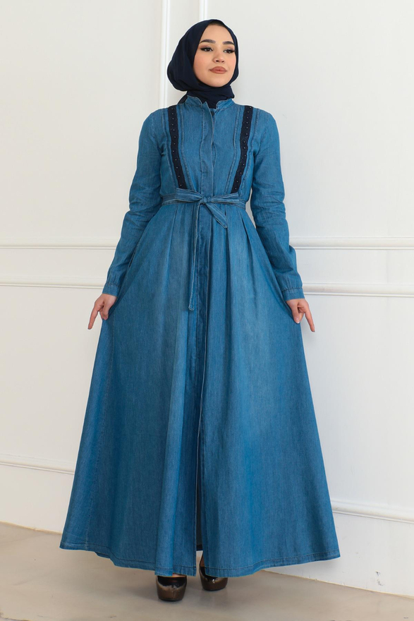 Gizli Düğmeli Kot Elbise Açık Mavi 6142