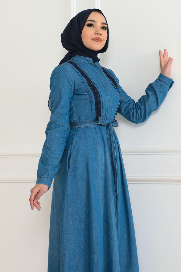 Gizli Düğmeli Kot Elbise Açık Mavi 6142