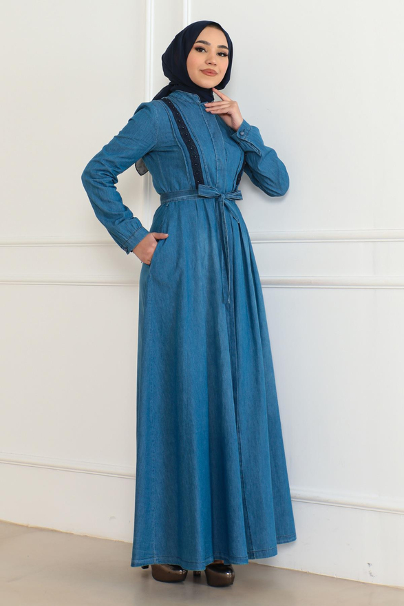 Gizli Düğmeli Kot Elbise Açık Mavi 6142