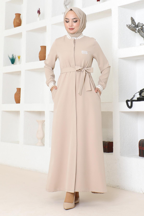 Gizli Düğmeli Ribanalı Ferace Bej MSW19214-3