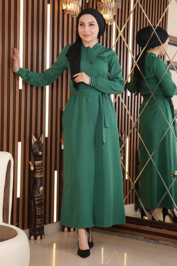 Gizli Düğmeli Ribanalı Ferace Zümrüt 18901