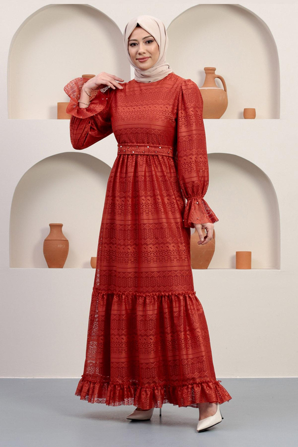 İnci Detaylı Dantel Abiye Kiremit 12239