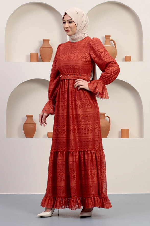 İnci Detaylı Dantel Abiye Kiremit 12239