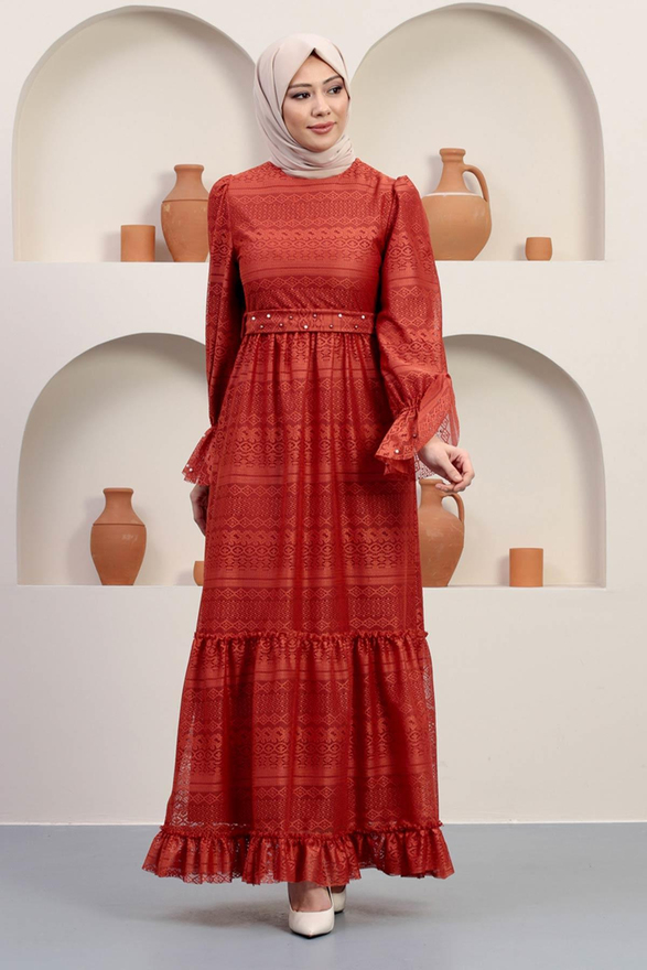 İnci Detaylı Dantel Abiye Kiremit 12239