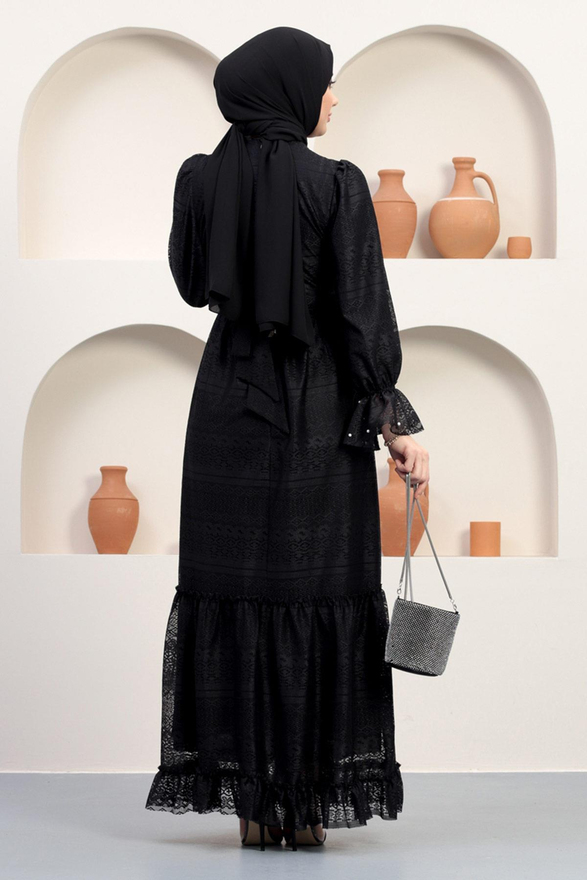 İnci Detaylı Dantel Abiye Siyah 12239