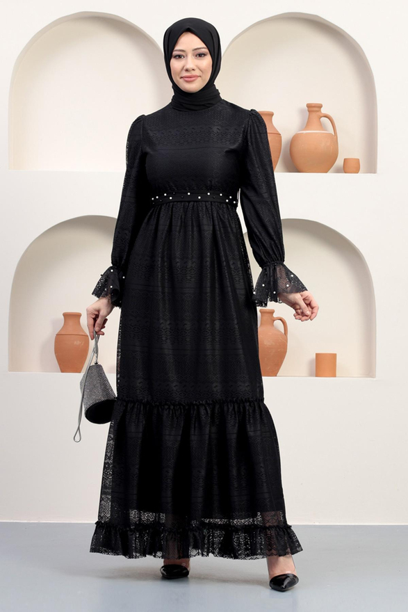 İnci Detaylı Dantel Abiye Siyah 12239