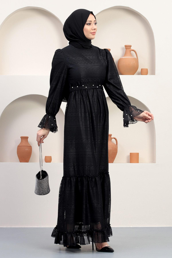İnci Detaylı Dantel Abiye Siyah 12239