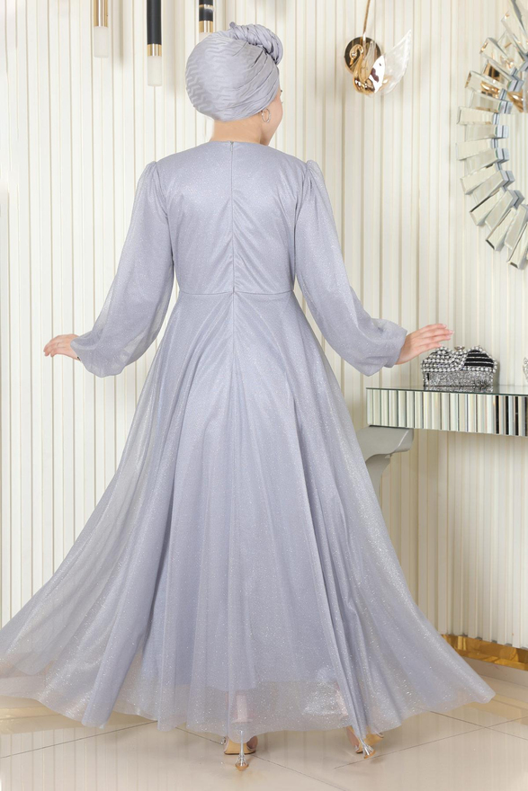 İnci Detaylı Drapeli Simli Abiye Gri 19189